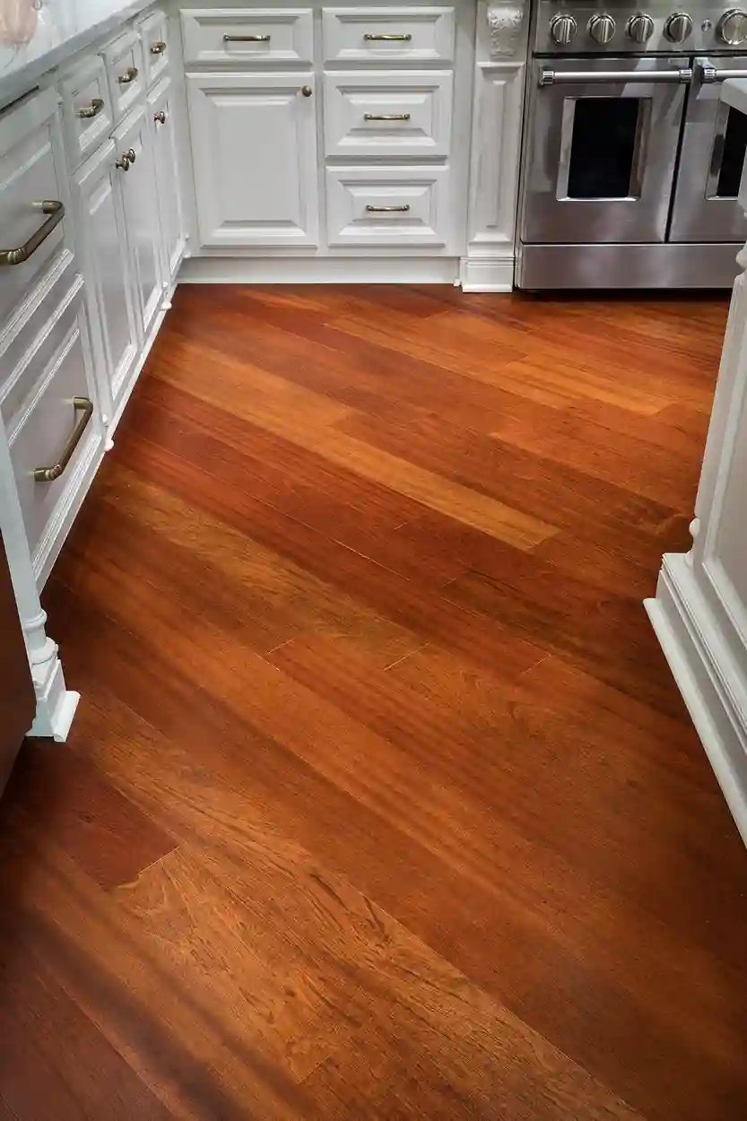  Rich mahogany hardwood flooring in a white kitchen with stainless steel appliances.