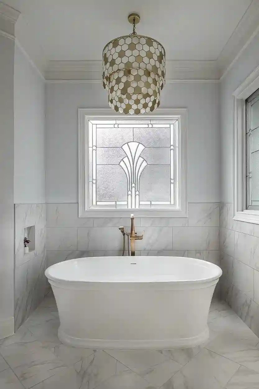 Elegant freestanding bathtub in a marble tiled bathroom with a patterned window and a chic pendant light.