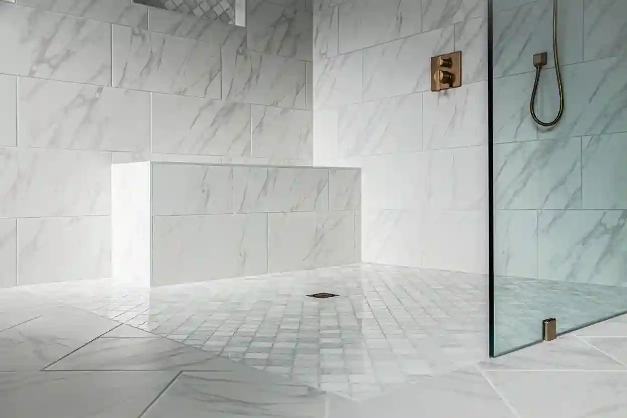 Modern walk-in shower with marble tiles and glass enclosure.