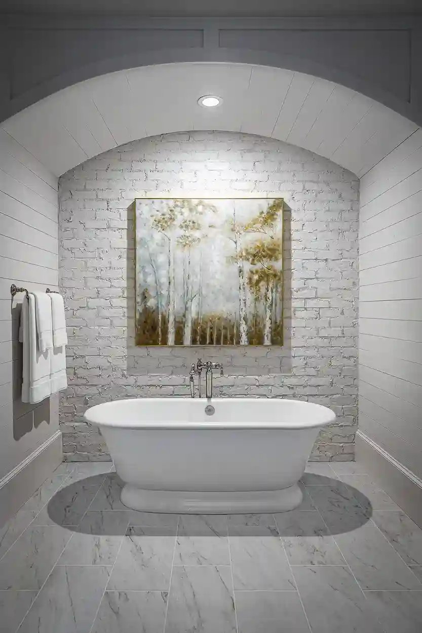 Chic bathroom featuring a freestanding tub against a white brick wall, designed by Michael James Remodeling.
