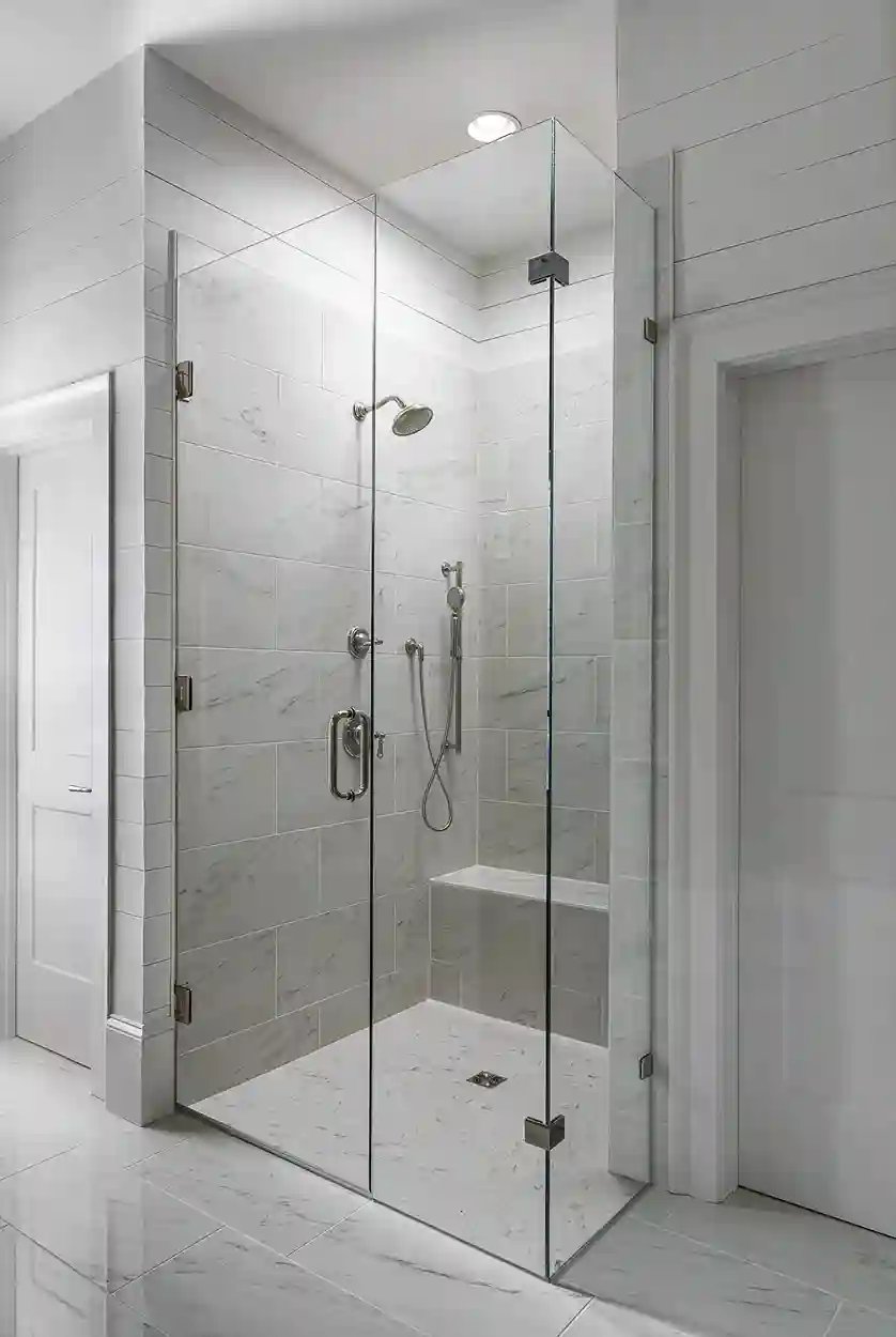 Modern bathroom with glass shower, white subway tiles, and built-in niche shelf