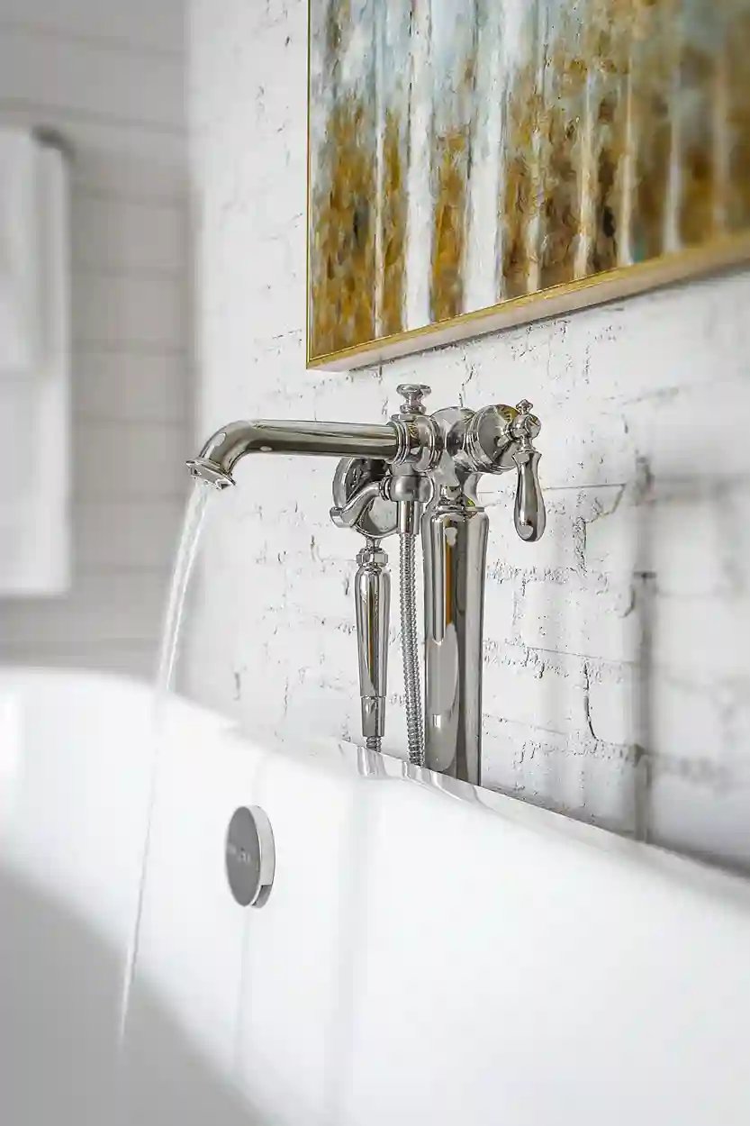 Elegant wall-mounted bathtub faucet with water running into a white tub, decorative painting in the background