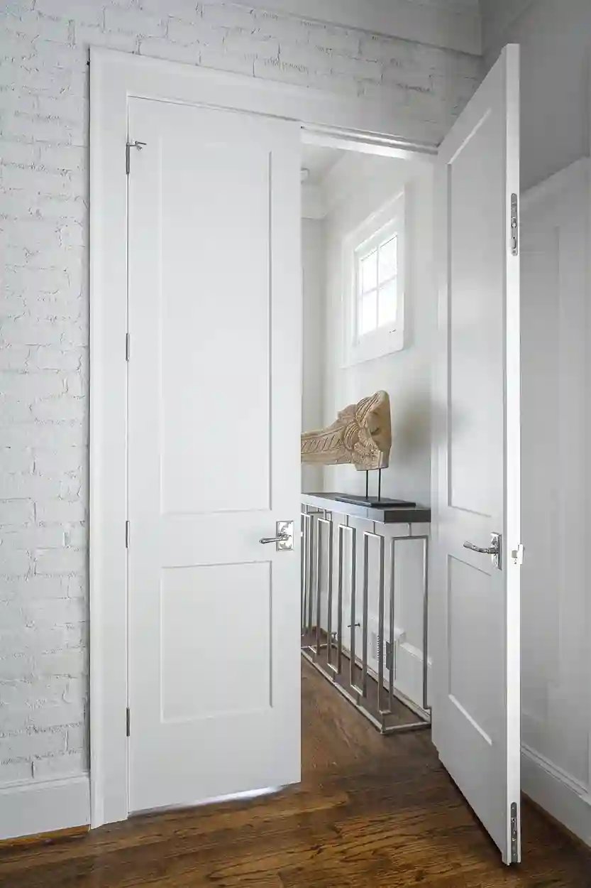 White paneled doors in a bright hallway with exposed brick wall and decorative tribal art piece