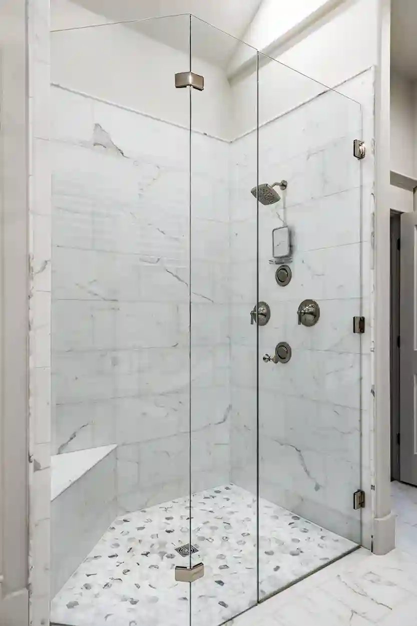 Luxurious marble shower with glass enclosure and rainfall showerhead in a high-end bathroom renovation