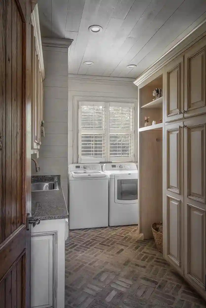Laundry room with washer, dryer, and built-in cabinets, herringbone tile floor.