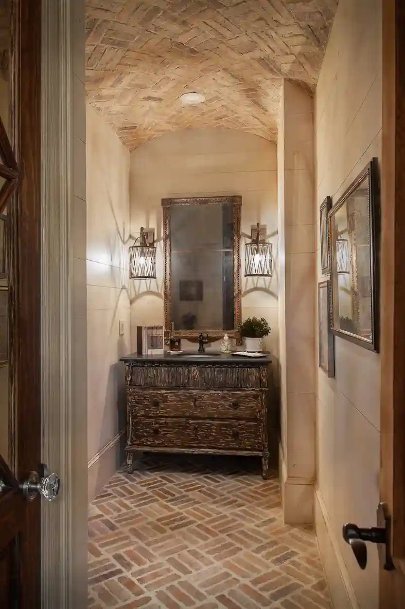  Antique-style hallway with herringbone brick floor and distressed wood console under a vaulted ceiling