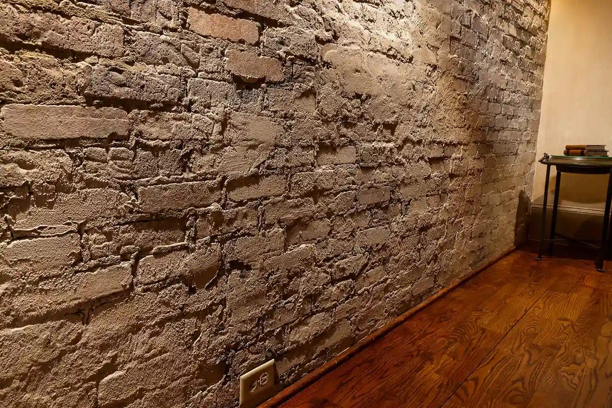 Textured exposed brick wall with warm lighting and wooden floor.