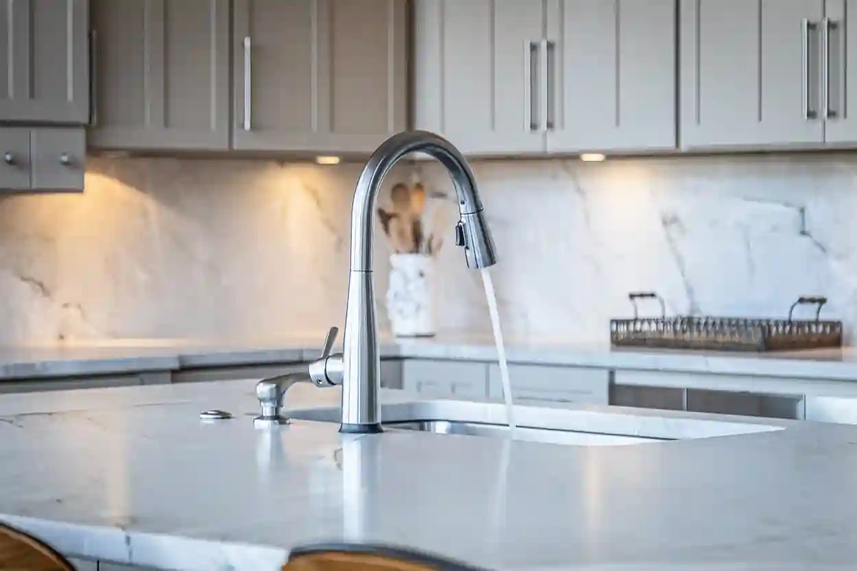 Elegant kitchen faucet with water running, marble backsplash, and utensil holder in soft-focus background.