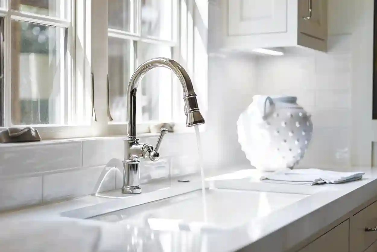 Elegant kitchen sink with a high-arc faucet, white countertops, and a decorative vase by the window.