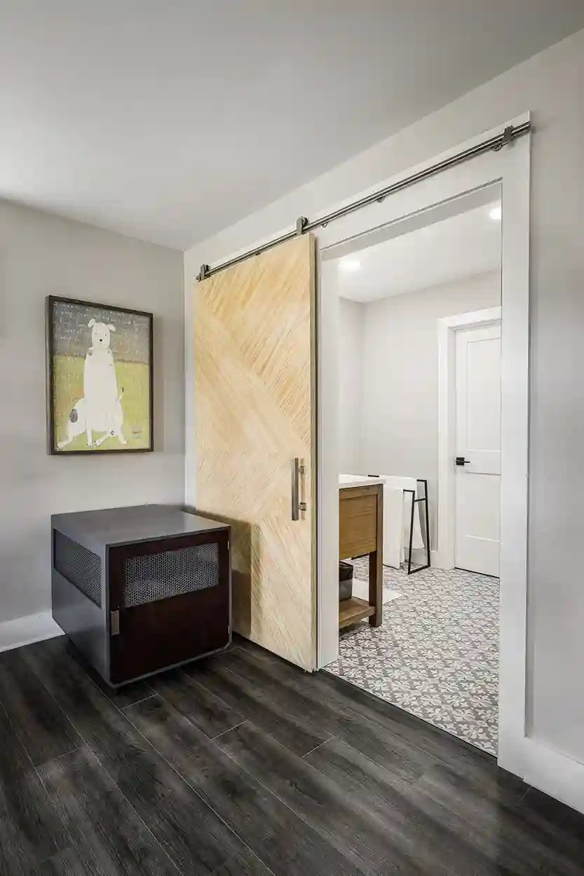 Chic hallway with chevron wood sliding door leading to a stylish bathroom.