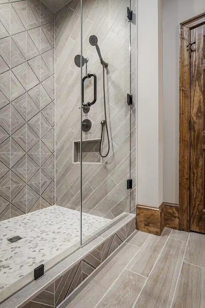Contemporary walk-in shower with herringbone tile pattern and matte black fixtures