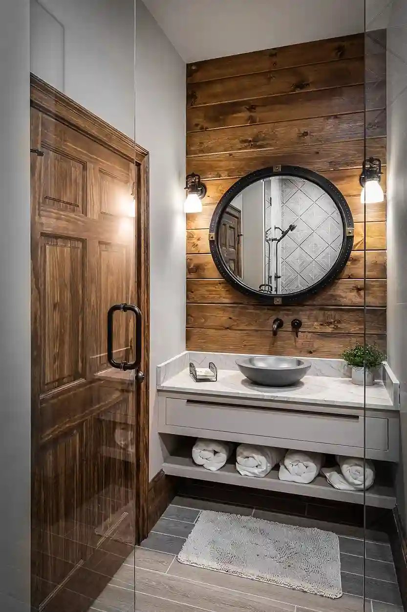 Contemporary bathroom with wooden accent wall, round mirror, and floating vanity
