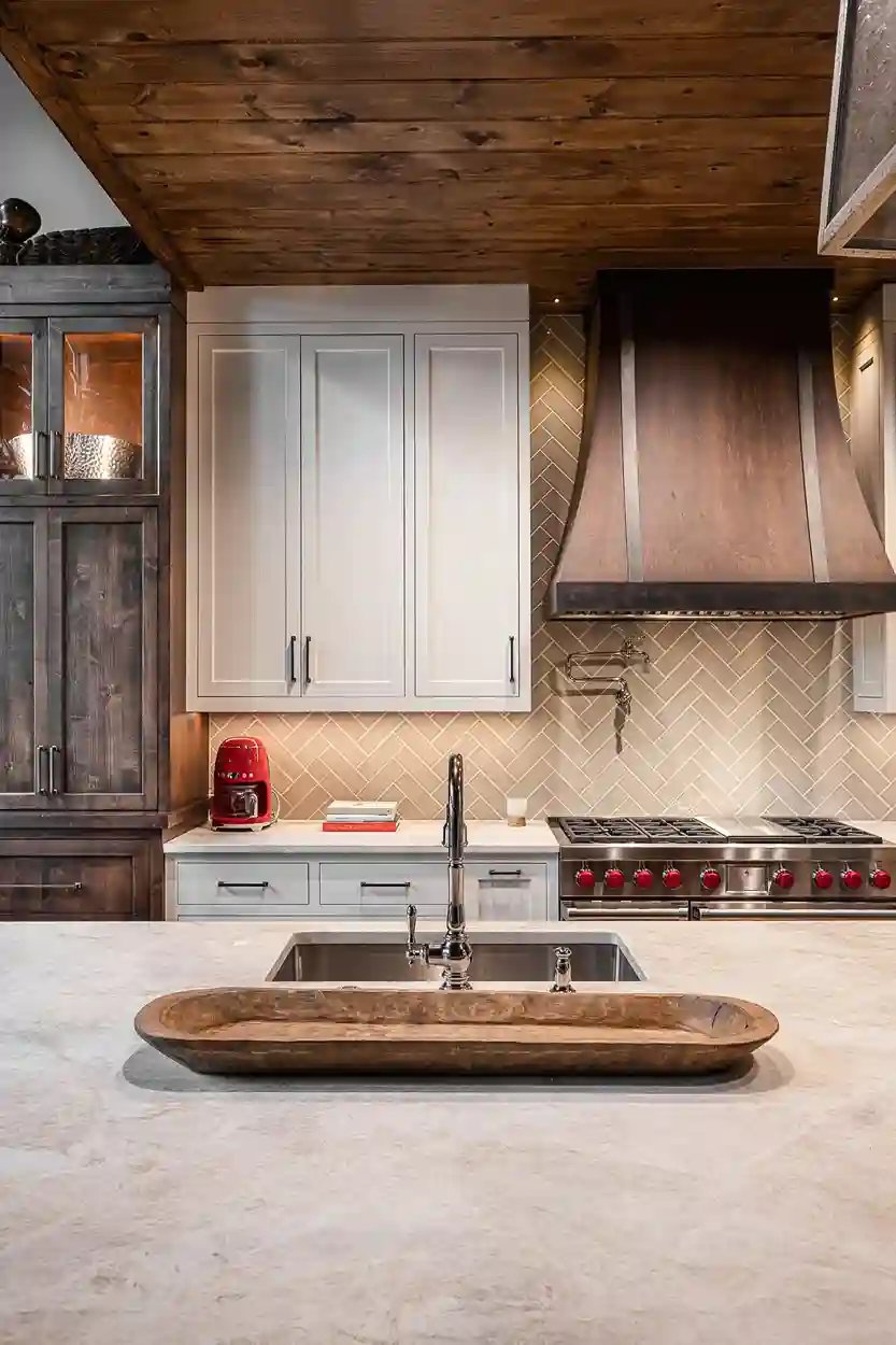 Modern kitchen with white cabinetry, herringbone backsplash, and premium red stove knobs