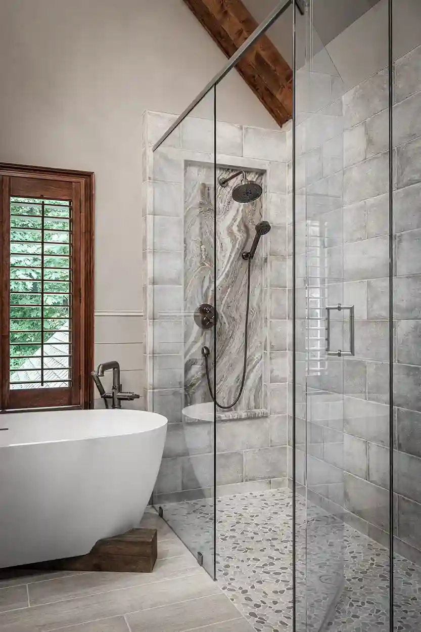Luxurious bathroom with a standalone bathtub, glass shower, and rustic wooden accents.