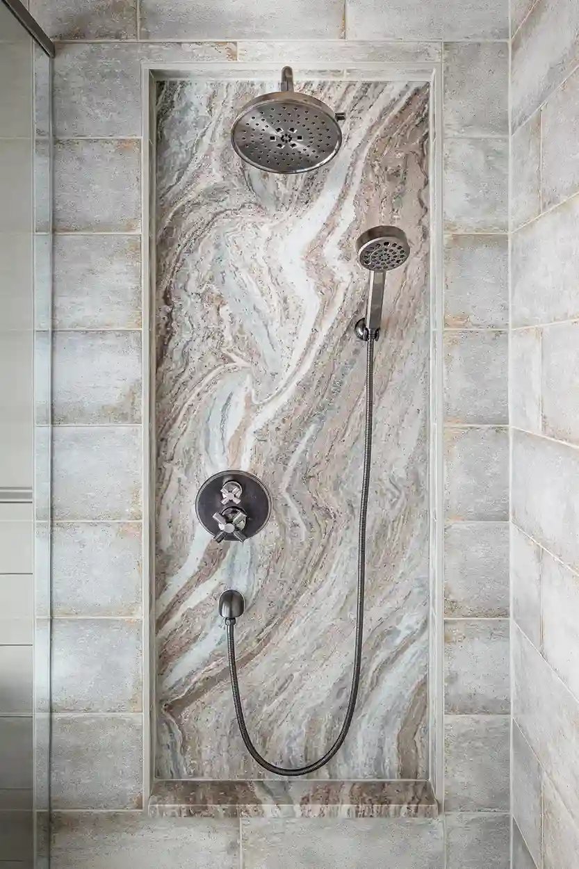Elegant shower featuring a unique marble wall, dual showerheads, and brushed metal fixtures.
