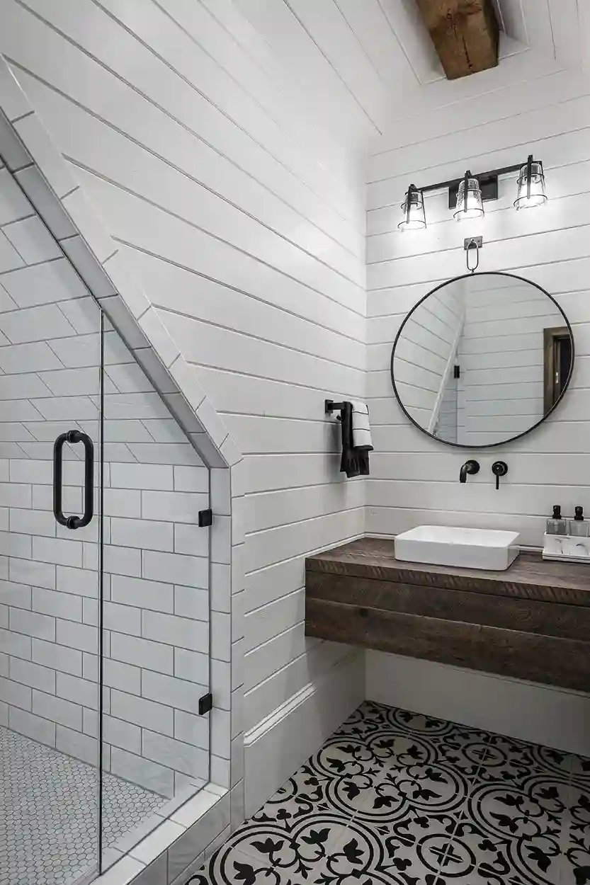 Modern farmhouse bathroom with shiplap walls, patterned floor tiles, and glass shower enclosure