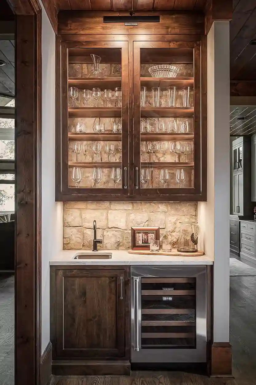 Elegant home bar with glassware cabinet, stone backsplash, and wine cooler