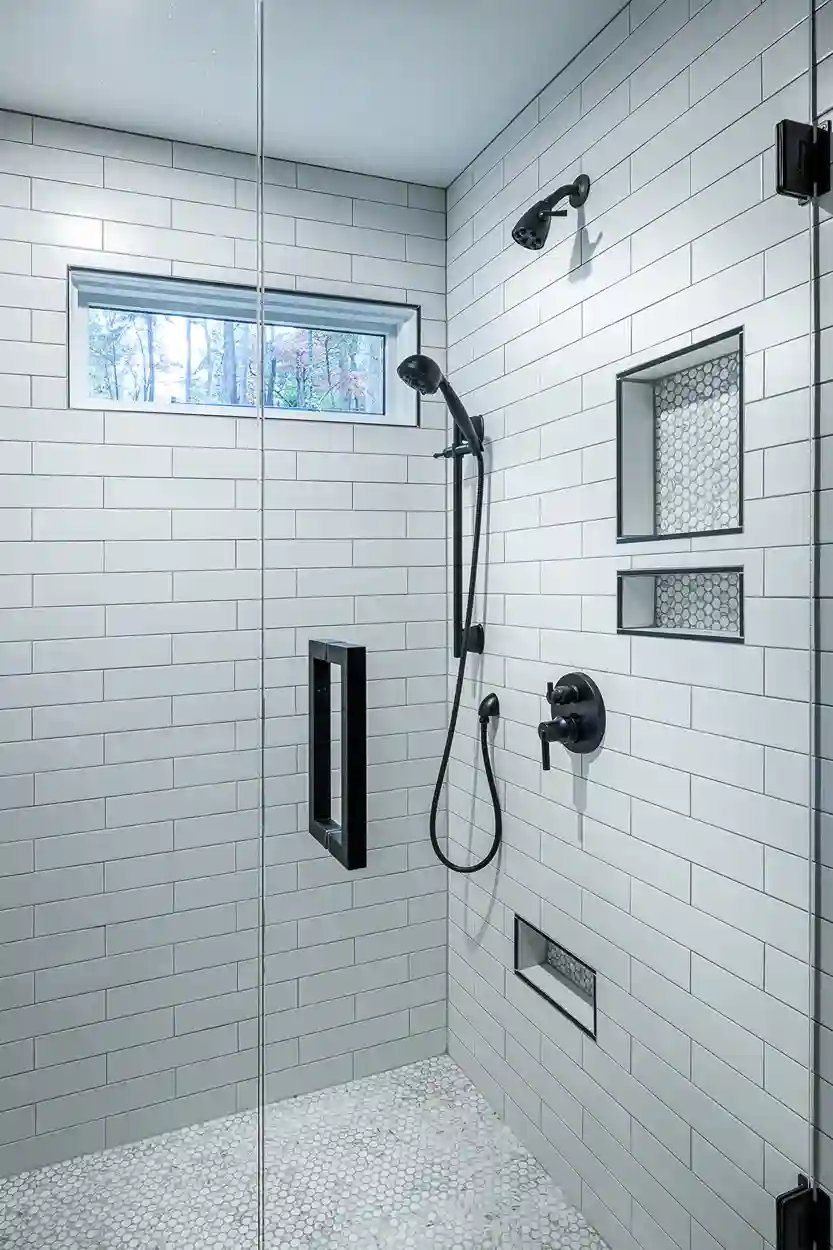 Walk-in shower with white subway tiles, pebble floor, and black fixtures.