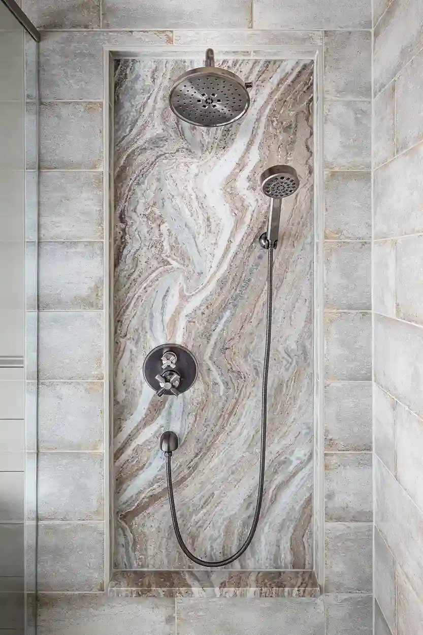Elegant shower featuring a unique marble wall, dual showerheads, and brushed metal fixtures
