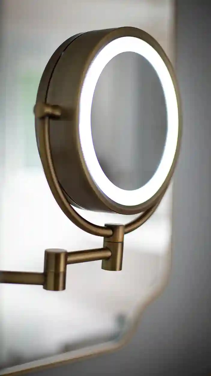 Close-up of an illuminated round magnifying vanity mirror with a bronze finish