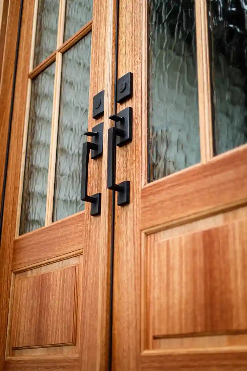 Close-up of a wooden entry door with black hardware and textured glass panels.
