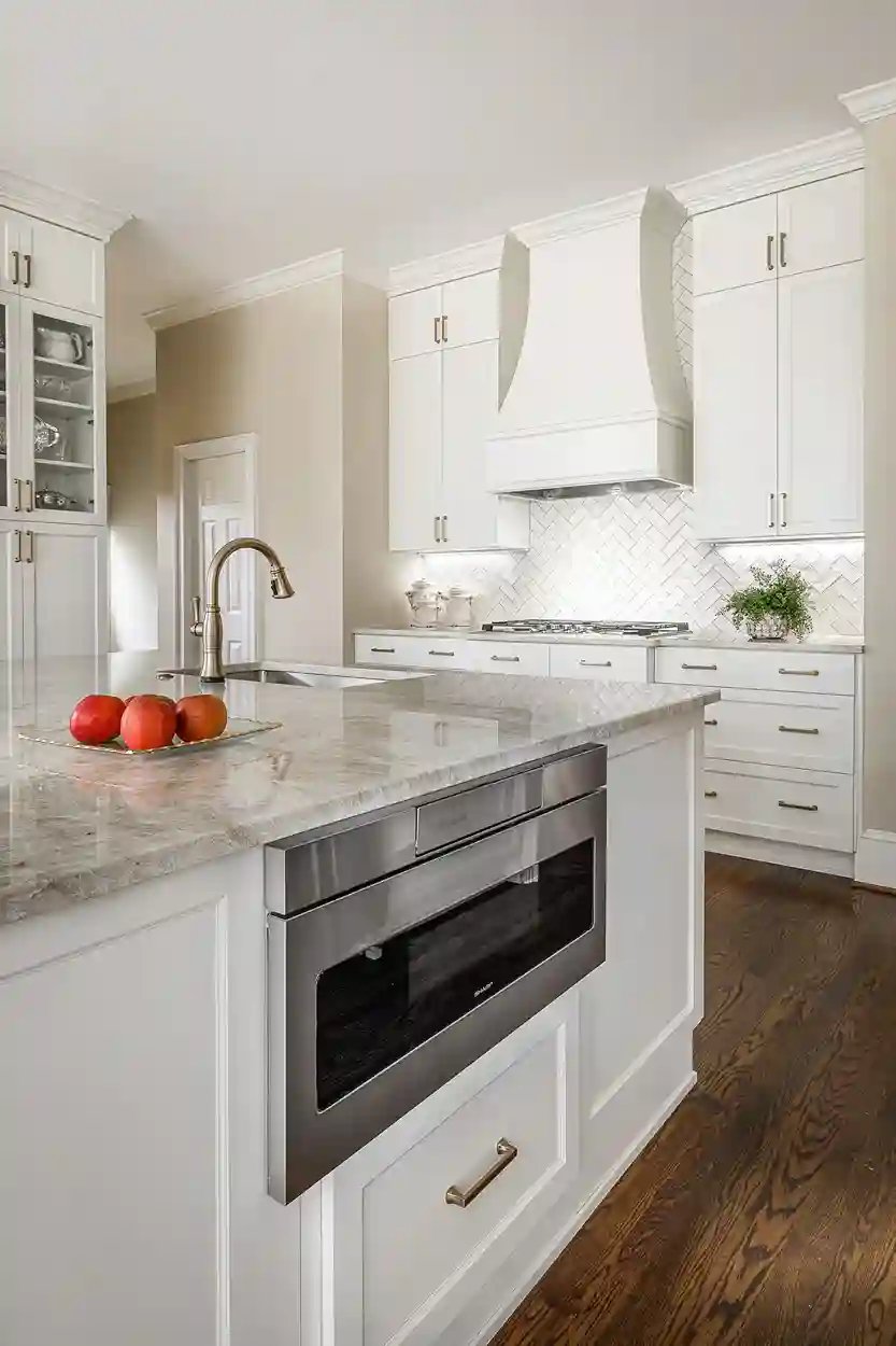 Elegant kitchen with marble countertops and herringbone backsplash.