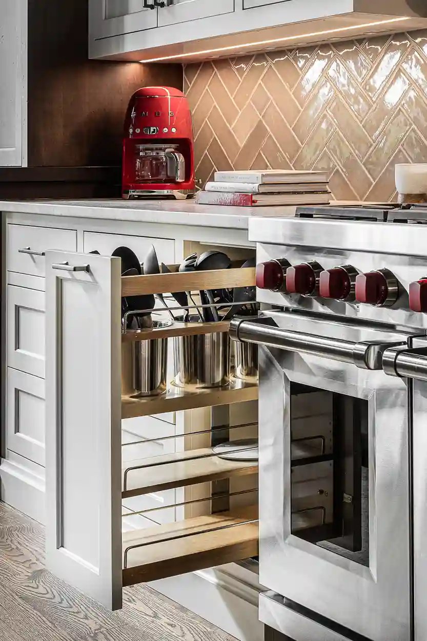 Modern kitchen corner with red espresso machine, stainless steel stove with red knobs, and open cabinet with pots and pans.